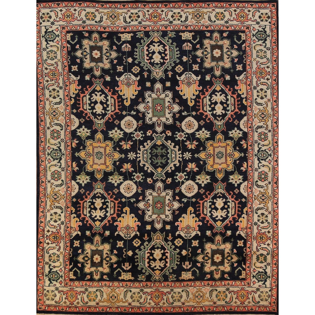 Navy Blue Geometric Oushak Indian Area Rug Handmade Wool Carpet - 8'0"x 10'1"