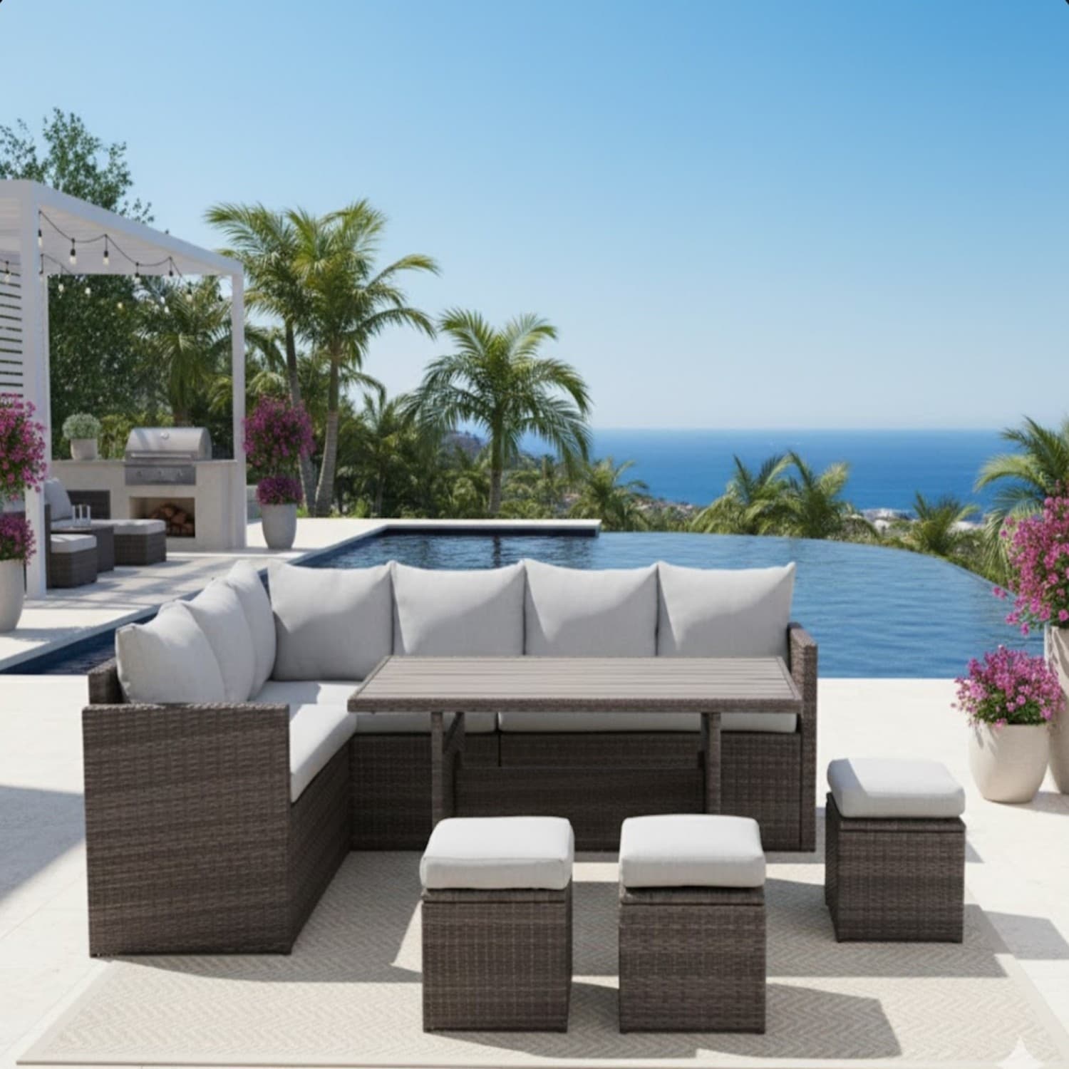 9-Seat Wicker Patio Dining Set with Ottomans