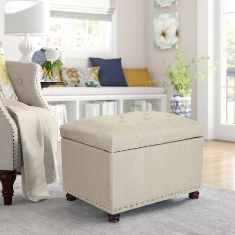 Adeco Classy Rectangle Storage Bench Natural Fabric Footstool Ottoman