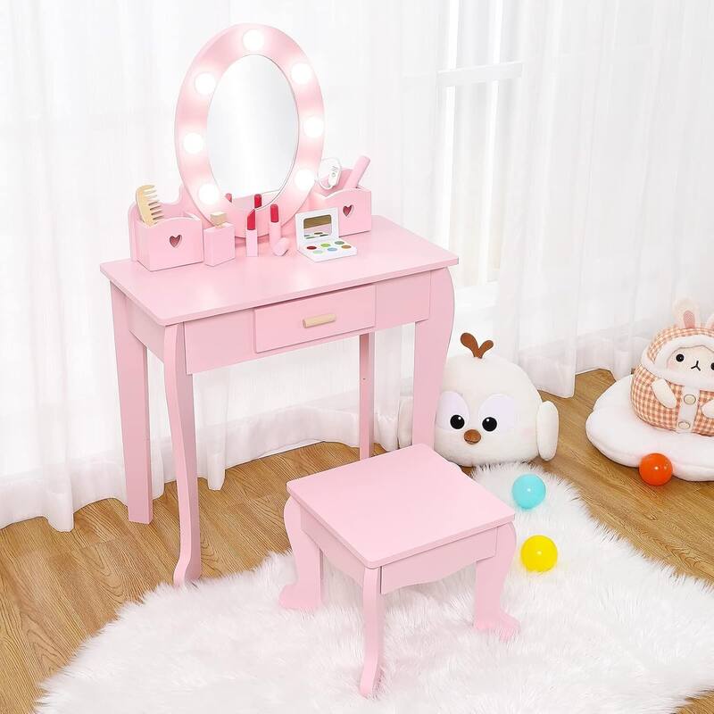 Toddler Lighted Mirror Vanity and Stool, Makeup Play Table for Girls Best Gift - Pink