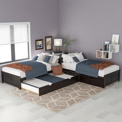 Double Twin Pine L-shaped Platform Bed with Convertible Trundle, Drawers, Built-in Desk