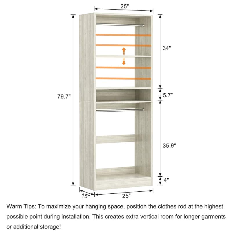 Cimly 25'' W Closet Organizer System with 2 Hanging Rods and DIY Shelves for Walk-in and Reach-in Closet