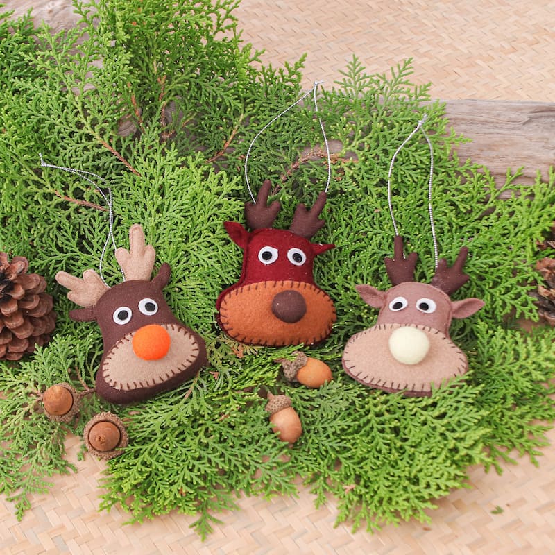 Novica Handmade Reindeer Party Felt Ornaments (Set Of 3)