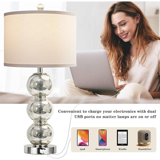 Set of 2 Table Lamps for Living Room Glass Triple-Sphere 27" Tall Table Lamp Contemporary Bedside Desk Nightstand Lamp