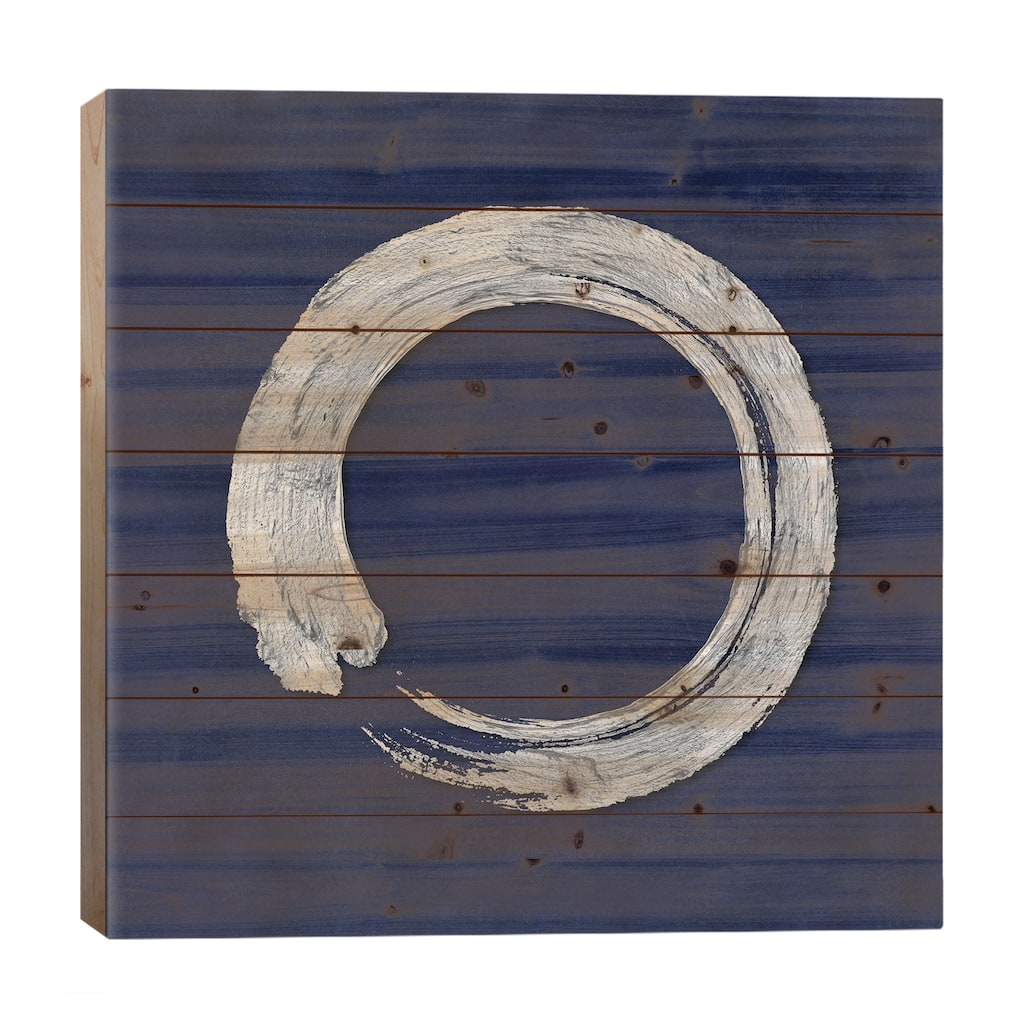 Silver Zen Circle On Blue I Print On Wood by Ellie Roberts - Multi-Color