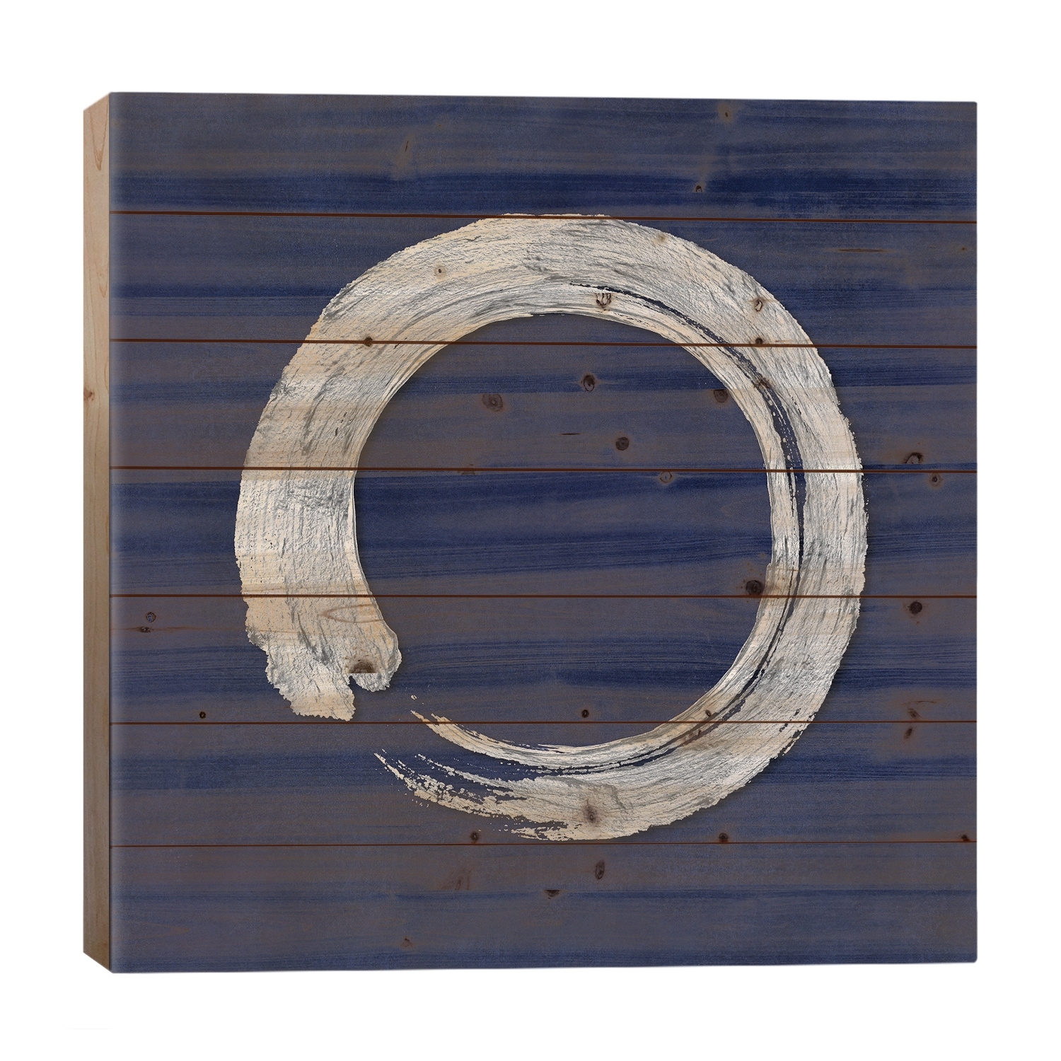 Silver Zen Circle On Blue I Print On Wood by Ellie Roberts - Multi-Color