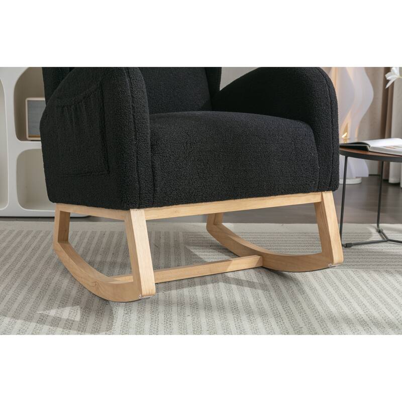 Glider Rocking Chair with Wing Back, Teddy Leisure Chair with Wood Legs, Upholstered Rocker Chair with Side Pocket