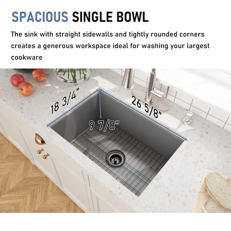 CASAINC Undermount Single Bowl Fireclay Kitchen Sink with Bottom Grid and Strainer, cUPC Certified