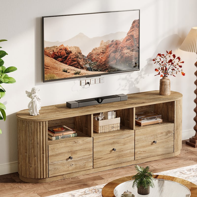 70.8" Wood TV Stand for TVs up to 80 Inch, Farmhouse Entertainment Center with 3 Drawer and Open Storage Shelves