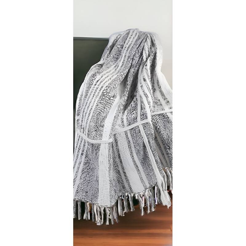 50" X 60" Gray and White Kantha Cotton Striped Throw Blanket with Embroidery - Throw