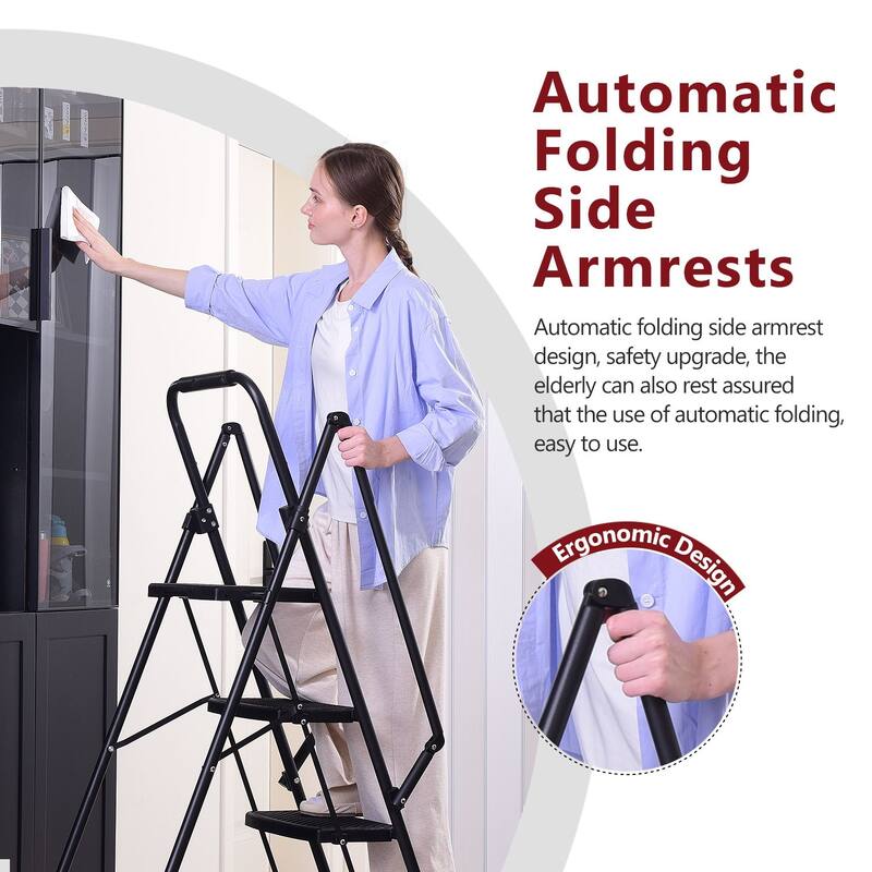 Anmytek 4 Step Folding Ladder with Wide Anti Slip Pedals and Safety Handrail Sturdy Steel Step Stool for Home and Office