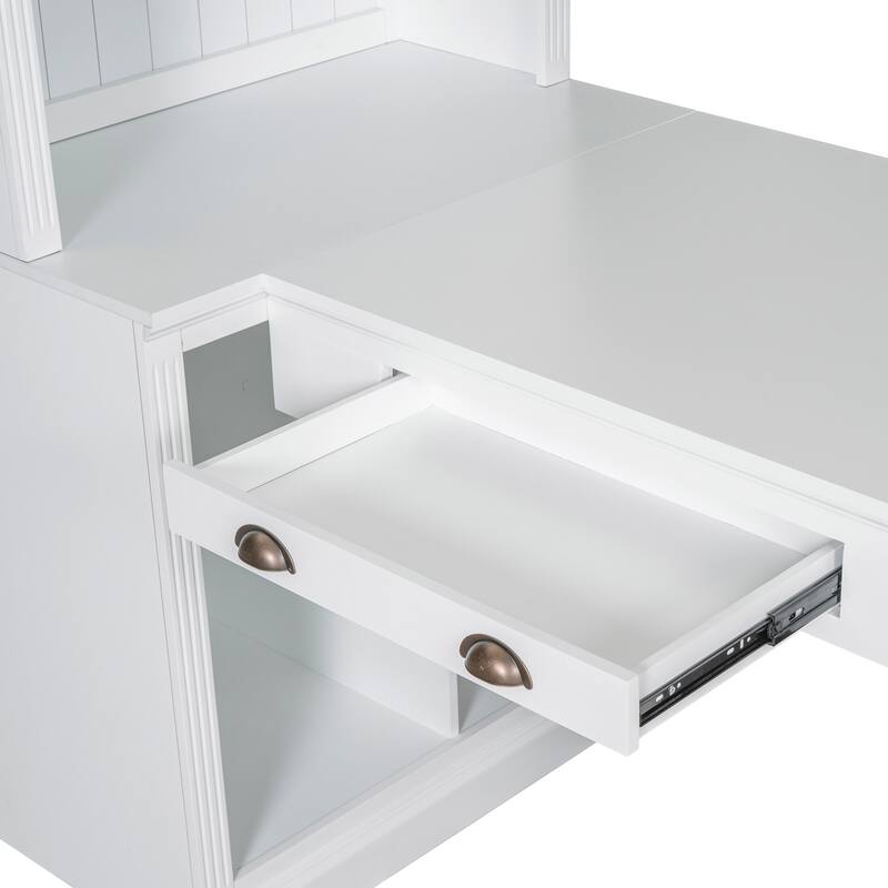 Computer Desk with Open Shelves & LED Lighting, Workstation with Storage Shelf, Freestanding Wood Executive Desk