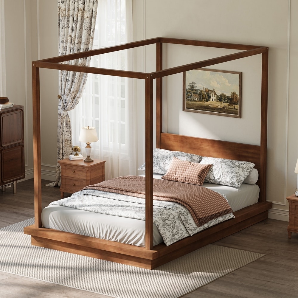 Wooden Canopy Platform Bed with Headboard