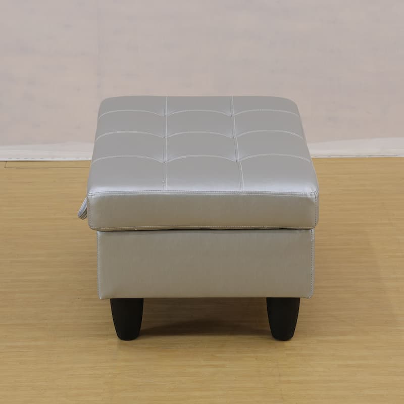 Modern Silver White Faux Leather Storage Ottoman Foot Rest