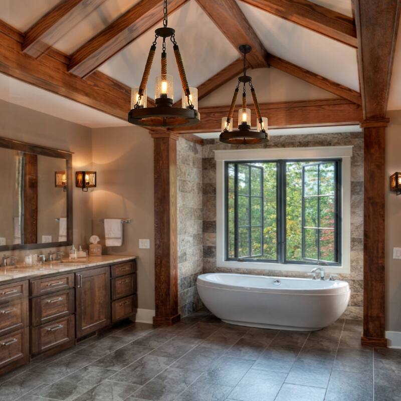 Anmytek Modern Farmhouse 3-Light Wooden Wagon Wheel Chandelier Cylinder Glass Pendant Lights for Dining Room - 16" D x 21.5" H