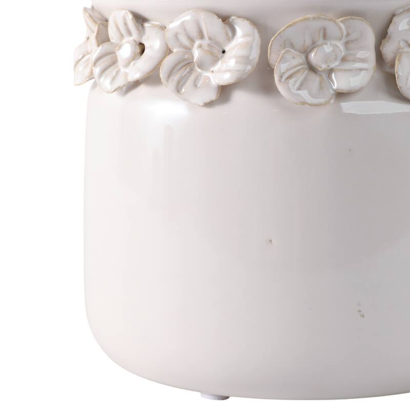 Ceramic Round Planter Sculpted Floral Rim Detail and Drainage Hole