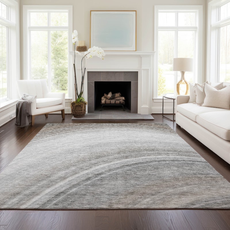 Machine Washable Indoor/ Outdoor Chantille Abstract Wave Rug - Gray - 9' x 12'