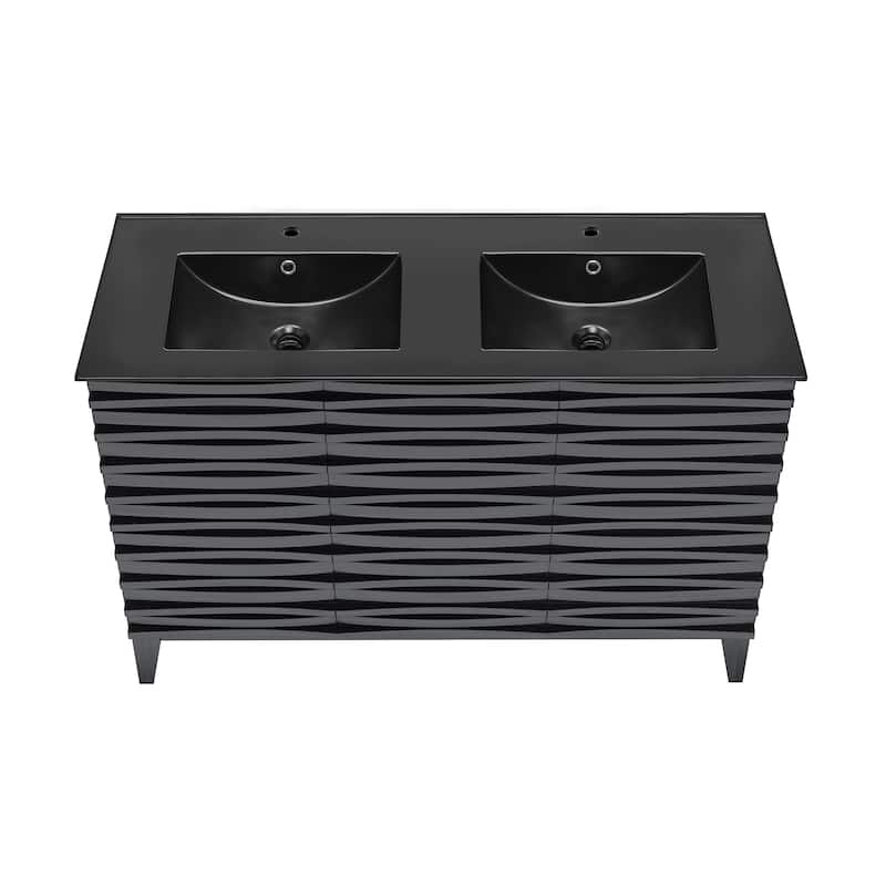 Cascade 48 In. Black Oak, Double Basin Bathroom Vanity With Black Ceramic Sink Top
