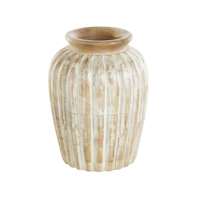 Mango Wood Distressed Decorative Vase with Carved Ridges - Light Brown - Roche River Decor