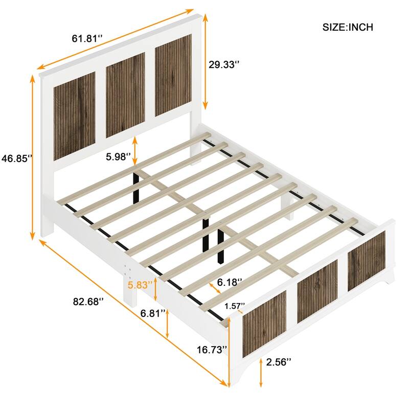 Farmhouse Wooden Platform Queen Size Bed,with Wooden Strip Stickers