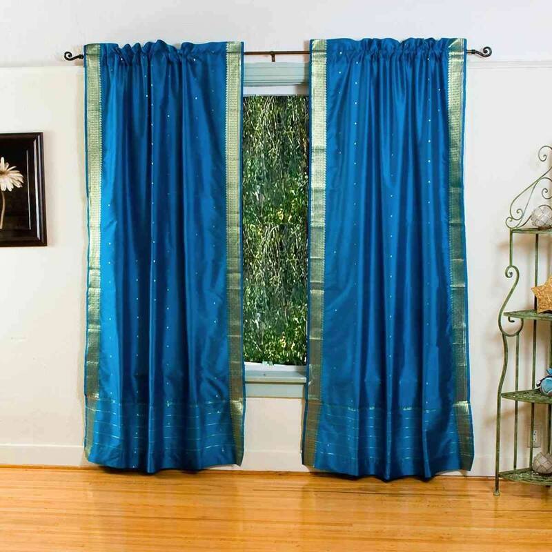 Turquoise 84-inch Rod Pocket Sheer Sari Curtain Panel (India)-Pair - Blue - 84 Inches