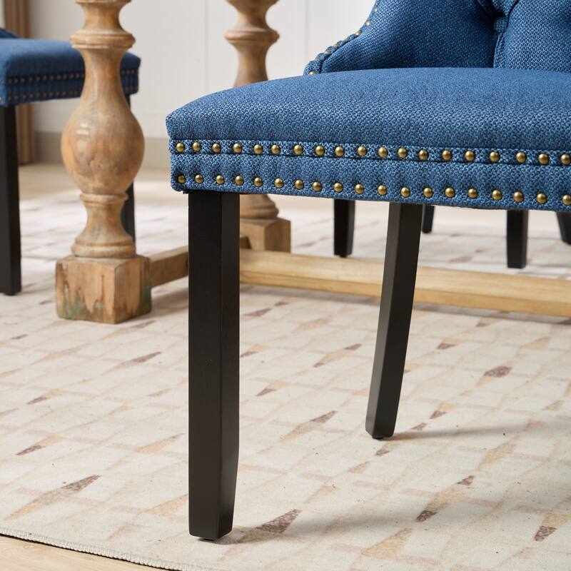 Set of 2 Linen Upholstered Dining Chair with Wood Legs, Nailhead Trim