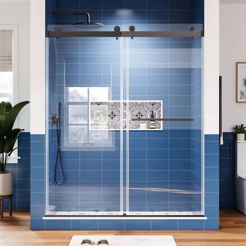 59 in. W x 72 in. H Sliding Frameless Shower Door with Tempered Glass - 59" x 72" - Matte Black
