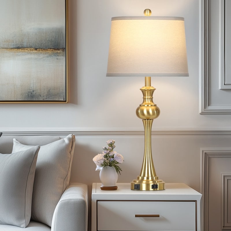 Modern Brass Table Lamps with Touch Control & Charging Ports, Set of 2 - 13'' x 13'' x 28.75''