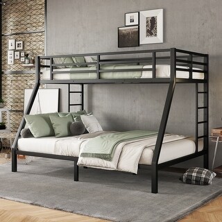 Black Twin XL over Queen Size Metal Bunk Bed with Fence & Space-Saving Design