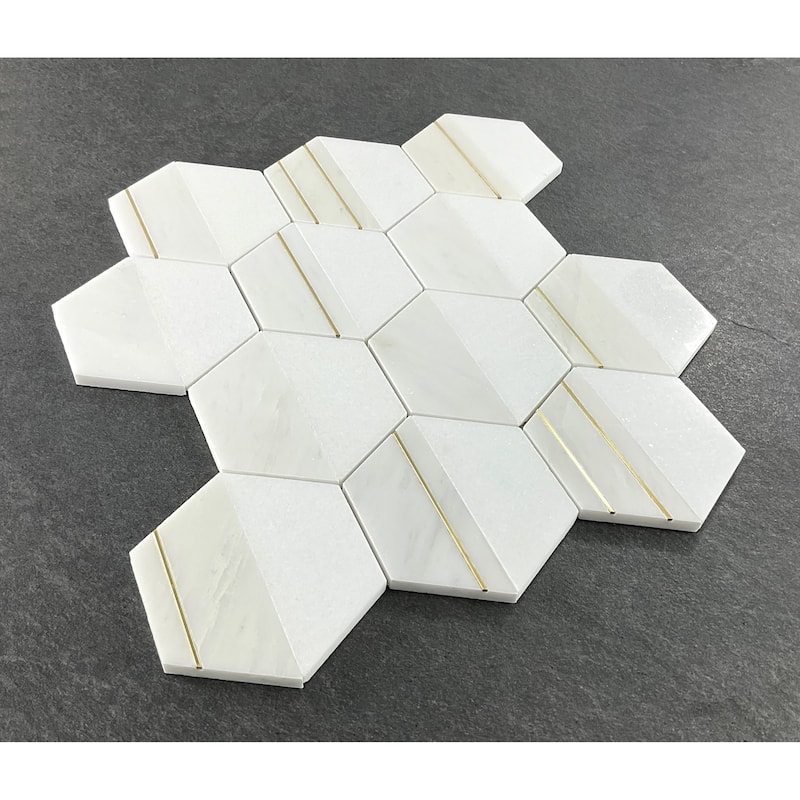 4" Hexagon Mix Marble And Metal Mosaic Tile - Case (8 Sheets)