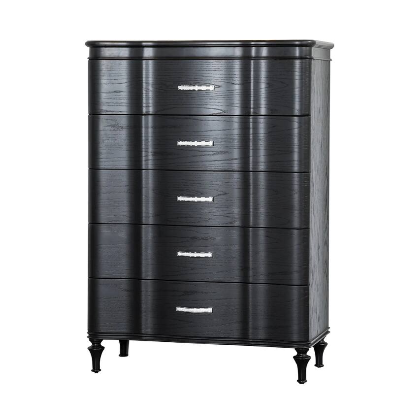 Eleena Tall Dresser Chest, 5 Drawers, Black Solid Wood, Crystal Accents
