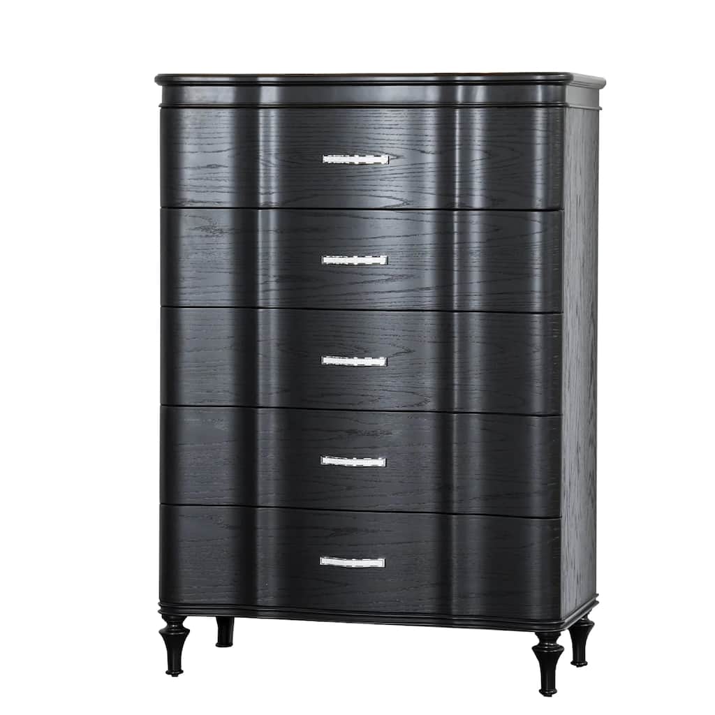 Eleena Tall Dresser Chest, 5 Drawers, Black Solid Wood, Crystal Accents