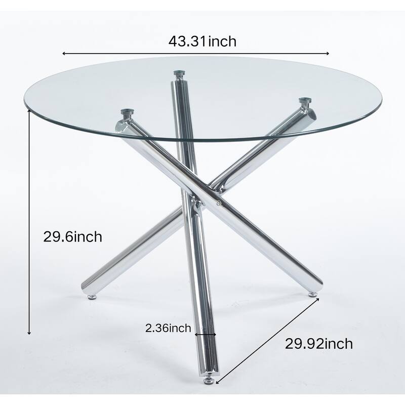 Round Glass Dining Table for 4 Person, Small Kitchen Table with Glass Tabletop & Metal Legs, Modern Leisure Coffee Table