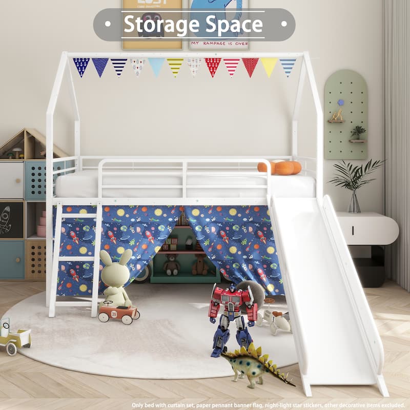 Kids' Twin Loft Bed with Slide, Curtain Set, Pennant Banner, and Star Stickers