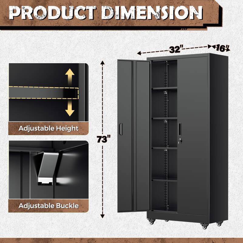 Tall Garage Storage Rolling Tool Cabinet with Locking Doors and Adjustable Shelves for Garage, Home Office, School