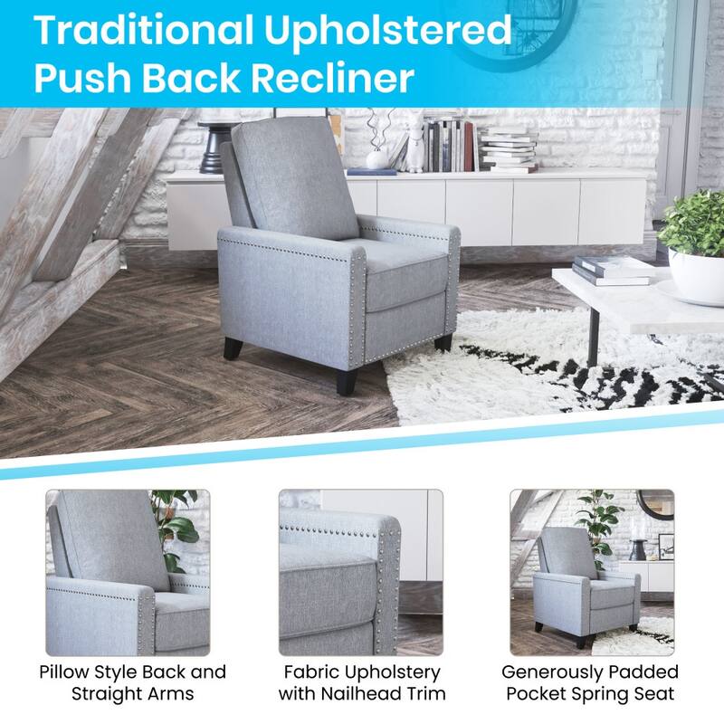 Push Back Recliner with Pillow Style Backrest and Accent Nail Trim