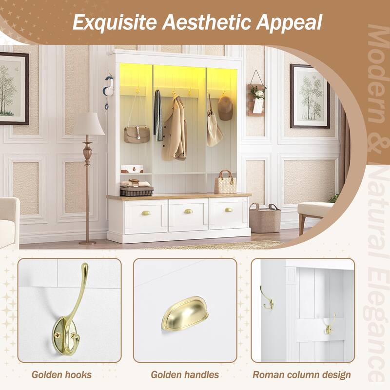 Elegant APP Controlled LED Light Hall Tree with 9 Hooks, Natural Storage Bench with 3 Large Cabinets, with Shelves