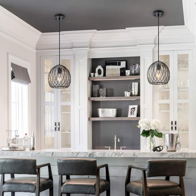 Modern Matte Black Pendant Light with Globe Glass & Wire Cage Kitchen - Dia.8.66-in