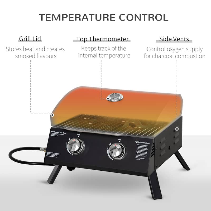 2 Burner Propane Gas Grill Outdoor Portable Tabletop BBQ with Foldable Legs Lid Thermometer, for Camping Picnic Backyard