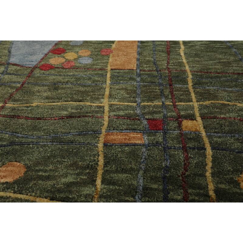 Tibetan Modern Plush Pile Designer 4'2''x5'10'' Hand Knotted Wool Green Rug - 4' 2'' x 5' 10''