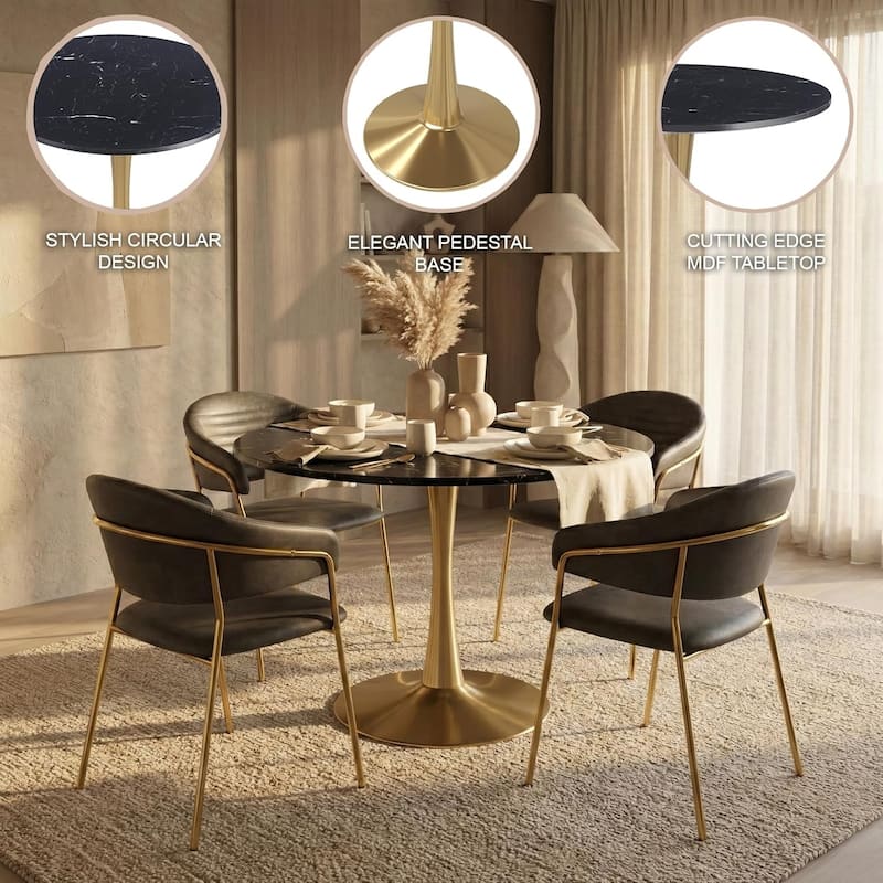 Bristol 40" Modern Round Dining Table with Accent Gold Steel Pedestal Base, Scratch-Resistant and Easy-Care