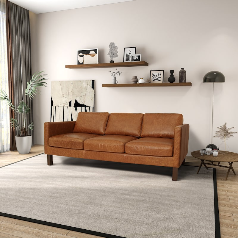 Mira Mid-Century Modern Comfortable Genuine Leather Couch - Waxy Tan