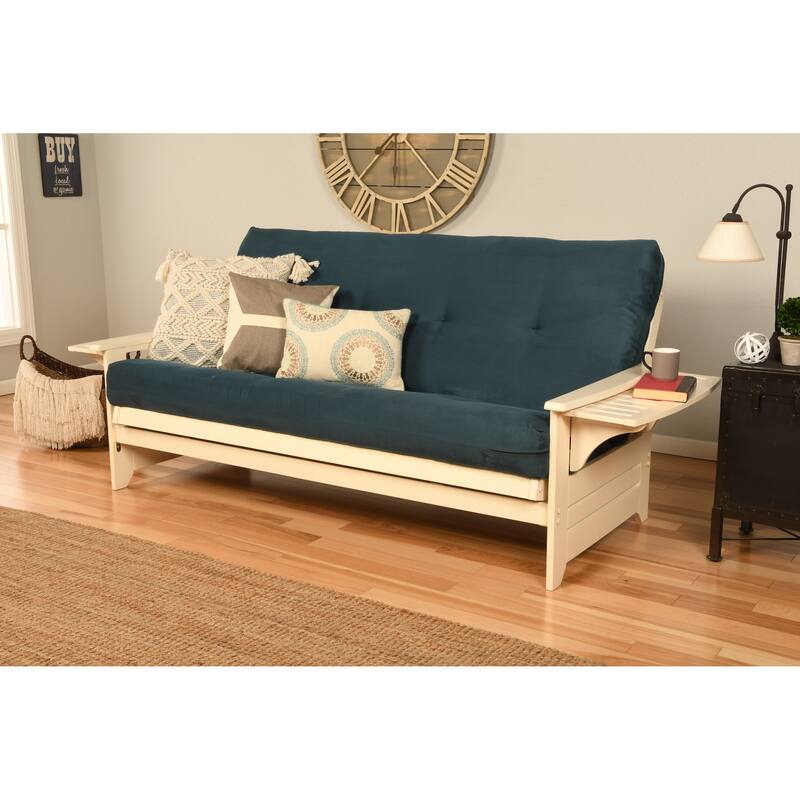 Copper Grove Dixie Futon Set in Antique White Wood with Innerspring Mattress - Suede Blue