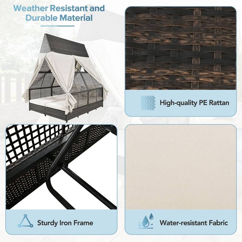 Outdoor Patio Rattan Daybed Sunbed with Triangle Tent, Adjustable Backrest, and Curtains