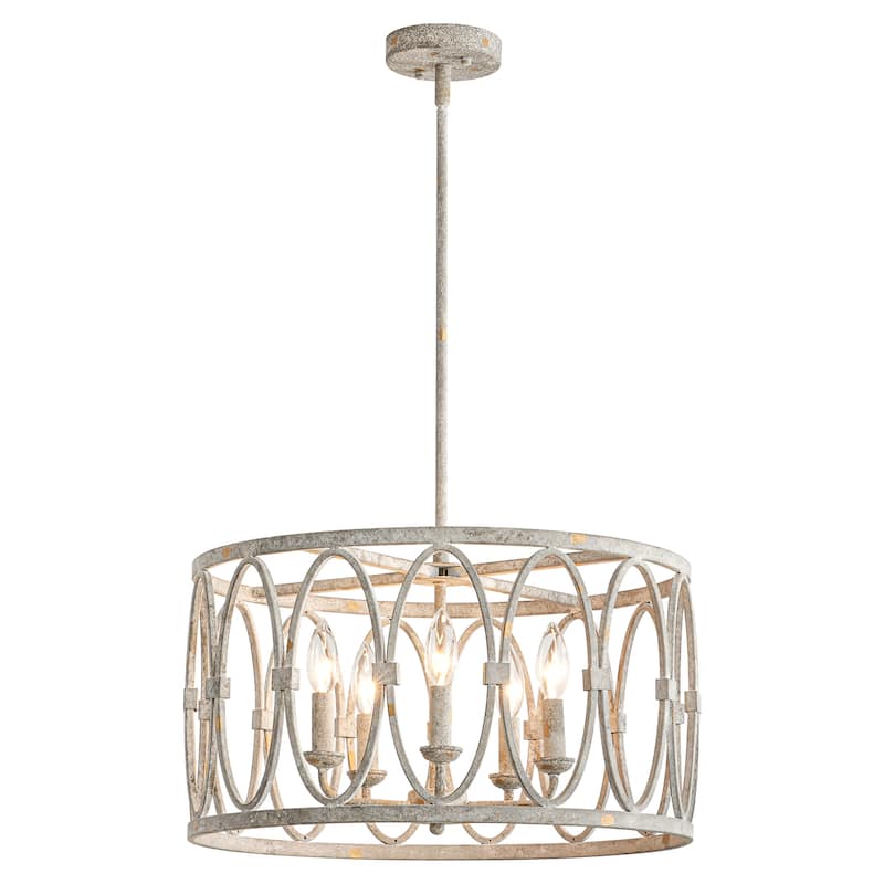 5-Light Industrial Antique White Geometric Drum Chandelier for Dining Room - 19.6 in. W x 11 in. H