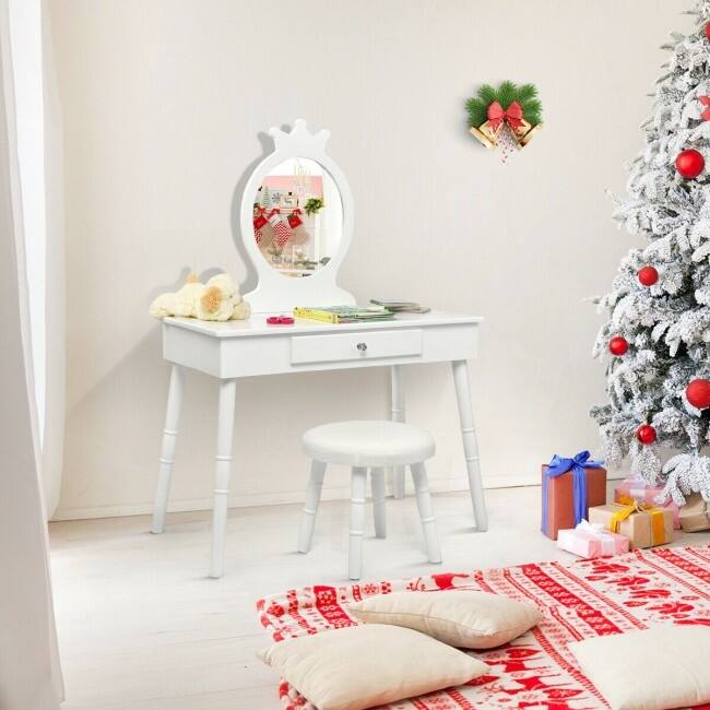 Young Princess Wooden Makeup Vanity Table Set with Padded Stool-White - 27.5" x 13.5" x 40"(L x W x H)