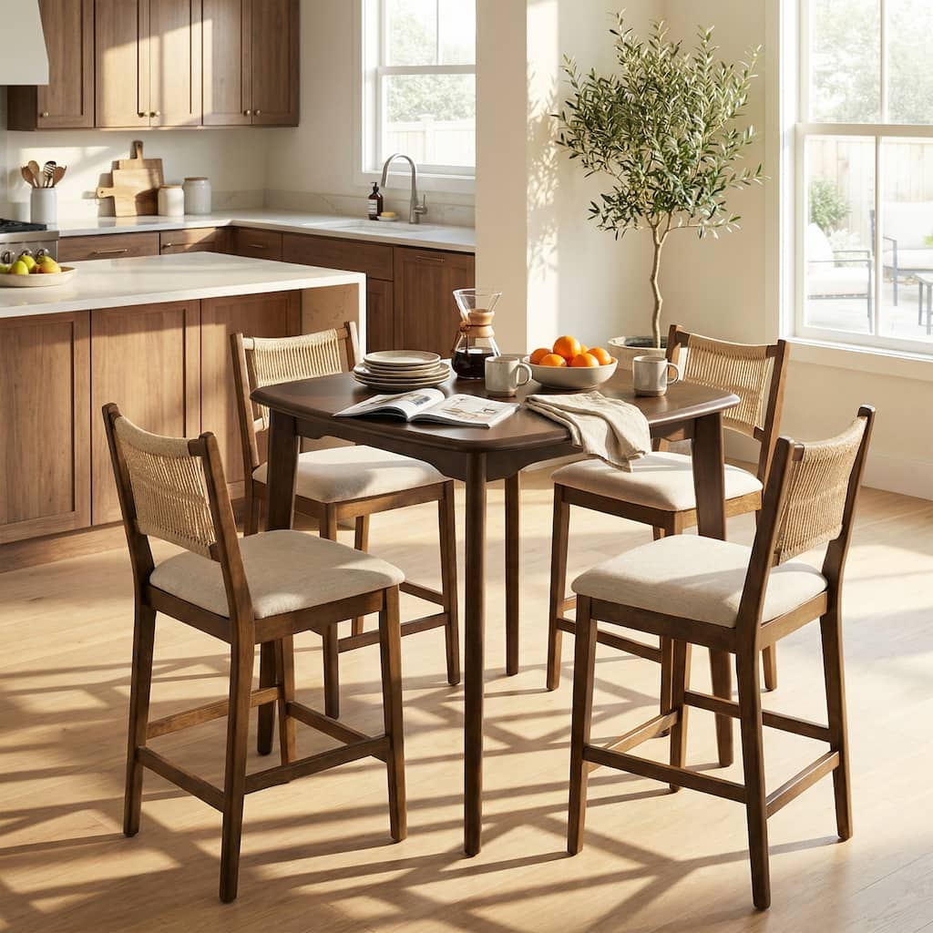 Christopher Knight Home - Modern 5-Piece Rubberwood Counter Height Dining Set with 4 Upholstered Rope Back Stools