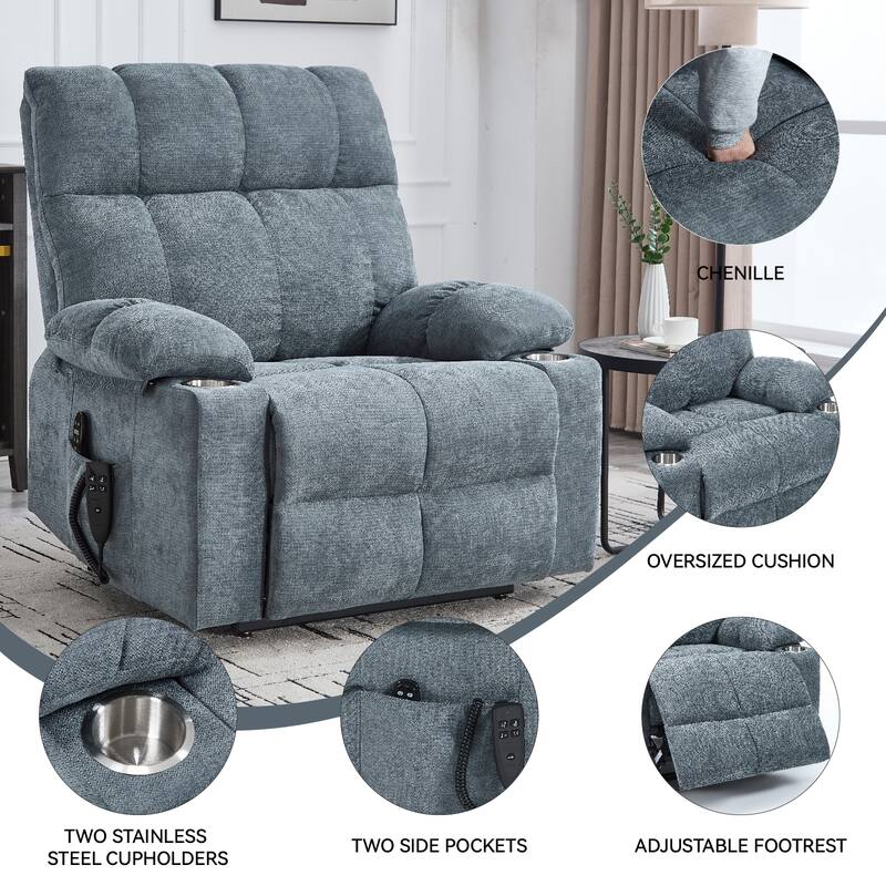 Oversized Chenille Power Lift Recliner with Dual Cup Holders