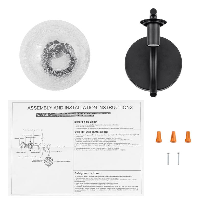 Modern Matte Black Metal Wall Sconce Round Clear Cracked Glass Shade