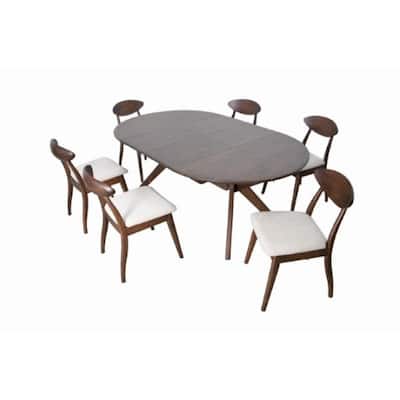 Mikie 7pc Extendable Dining Table Set, 6 Ivory Fabric Chairs, Brown